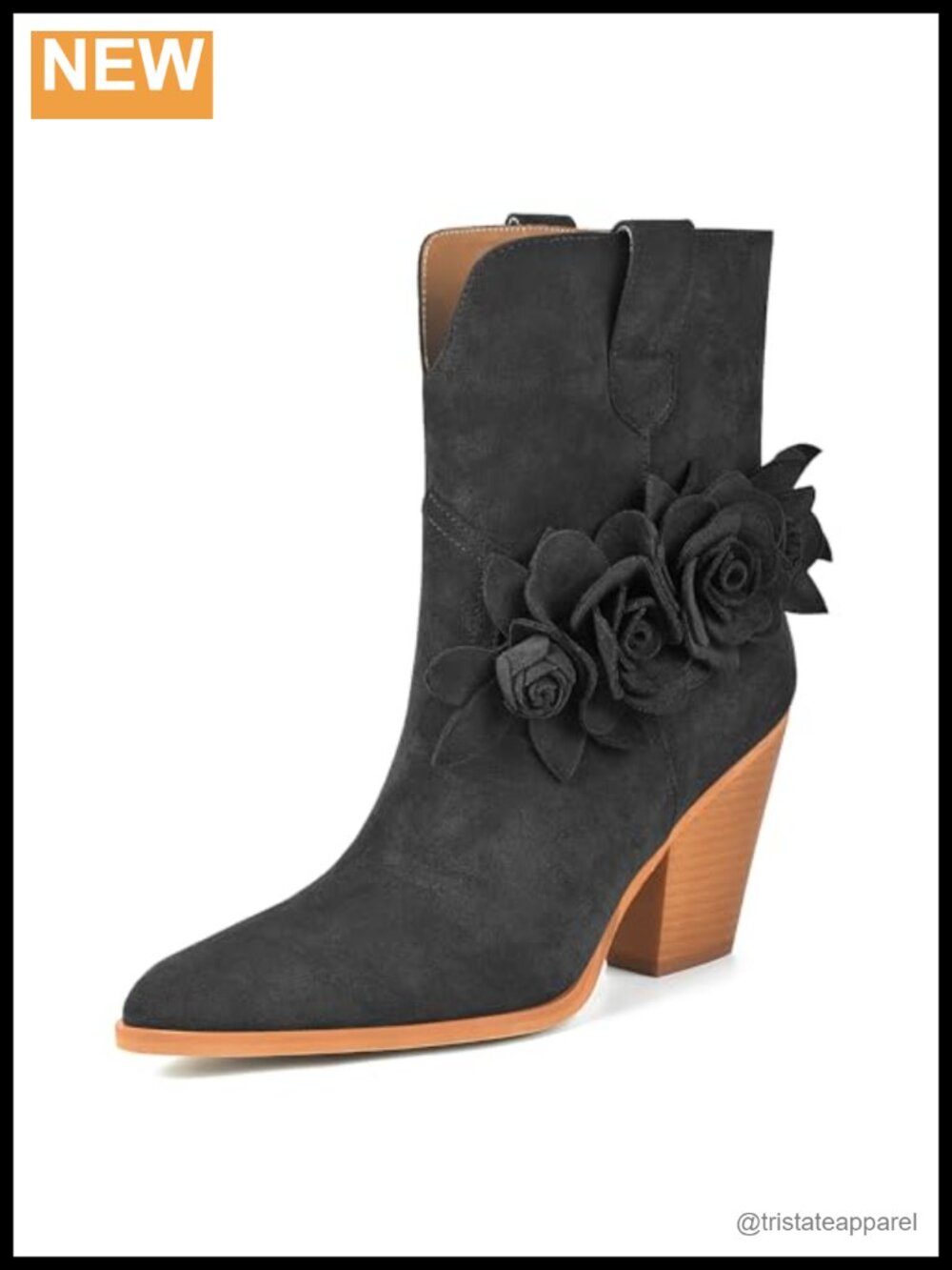 Suede Flower Pointed Toe Ankle Boots 3.5 Chunky Block Heel Women's
